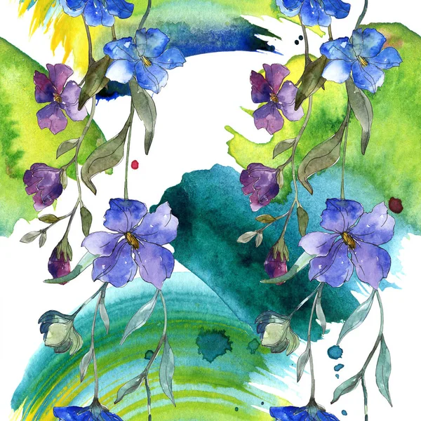 Fleur botanique florale de lin violet bleu. Feuille de printemps sauvage isolée. Ensemble d'illustration aquarelle. Aquarelle dessin mode aquarelle. Modèle de fond sans couture. Texture d'impression papier peint tissu . — Photo de stock