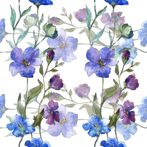 Blue purple flax floral botanical flower. Wild spring leaf isolated. Watercolor illustration set. Watercolour drawing fashion aquarelle. Seamless background pattern. Fabric wallpaper print texture. — Stock Photo