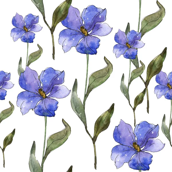 Blue purple flax floral botanical flower. Wild spring leaf isolated. Watercolor illustration set. Watercolour drawing fashion aquarelle. Seamless background pattern. Fabric wallpaper print texture. — Stock Photo