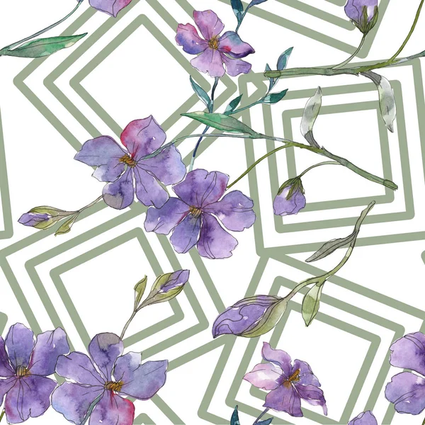 Fiore botanico di lino blu e viola. Foglia selvatica primaverile isolata. Set illustrazione acquerello. Acquerello disegno moda acquerello. Modello di sfondo senza soluzione di continuità. Tessuto carta da parati stampa texture . — Foto stock