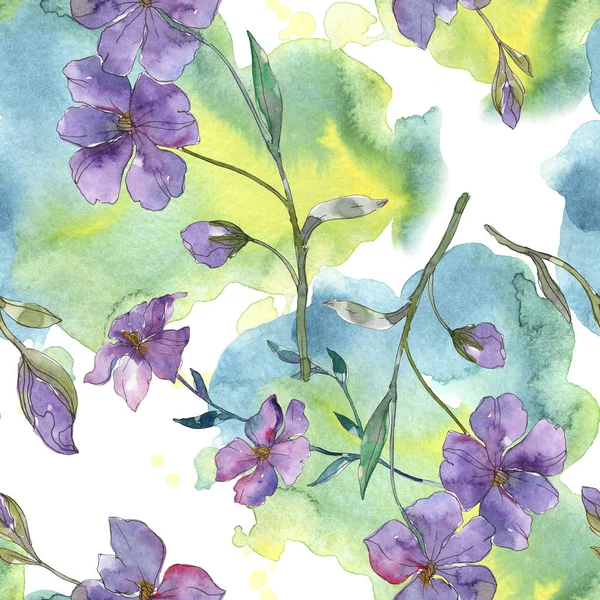 Fiore botanico di lino blu e viola. Foglia selvatica primaverile isolata. Set illustrazione acquerello. Acquerello disegno moda acquerello. Modello di sfondo senza soluzione di continuità. Tessuto carta da parati stampa texture . — Foto stock