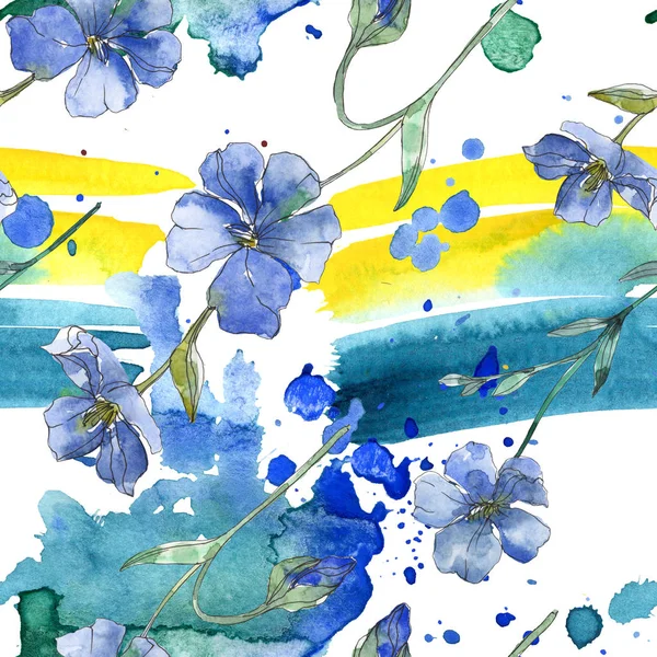 Flor botánica de lino azul y púrpura. Hoja de primavera salvaje aislada. Juego de ilustración en acuarela. Acuarela dibujo moda aquarelle. Patrón de fondo sin costuras. Textura de impresión de papel pintado de tela . - foto de stock