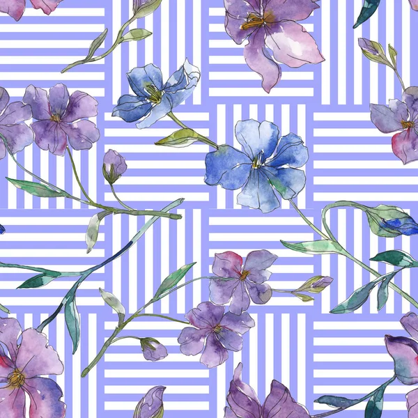 Flor botánica de lino azul y púrpura. Hoja de primavera salvaje aislada. Juego de ilustración en acuarela. Acuarela dibujo moda aquarelle. Patrón de fondo sin costuras. Textura de impresión de papel pintado de tela . - foto de stock