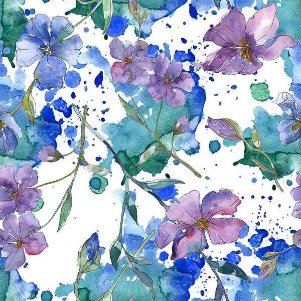 Fiore botanico di lino blu e viola. Foglia selvatica primaverile isolata. Set illustrazione acquerello. Acquerello disegno moda acquerello. Modello di sfondo senza soluzione di continuità. Tessuto carta da parati stampa texture . — Foto stock