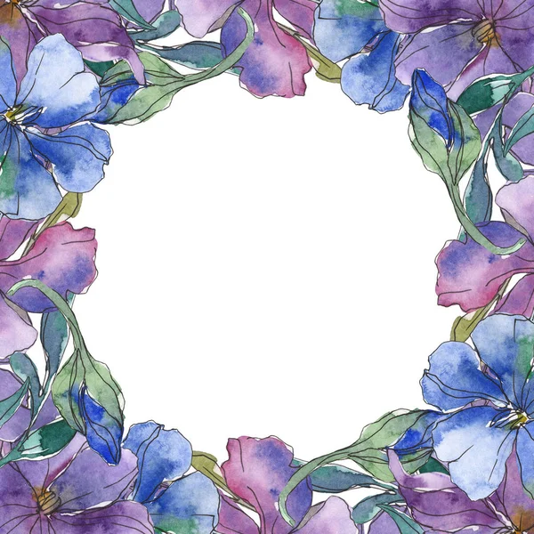 Fiore botanico floreale di lino blu e viola. Fiore selvatico primaverile isolato. Acquerello sfondo illustrazione set. Acquerello disegno moda acquerello. Quadrato ornamento bordo cornice . — Foto stock