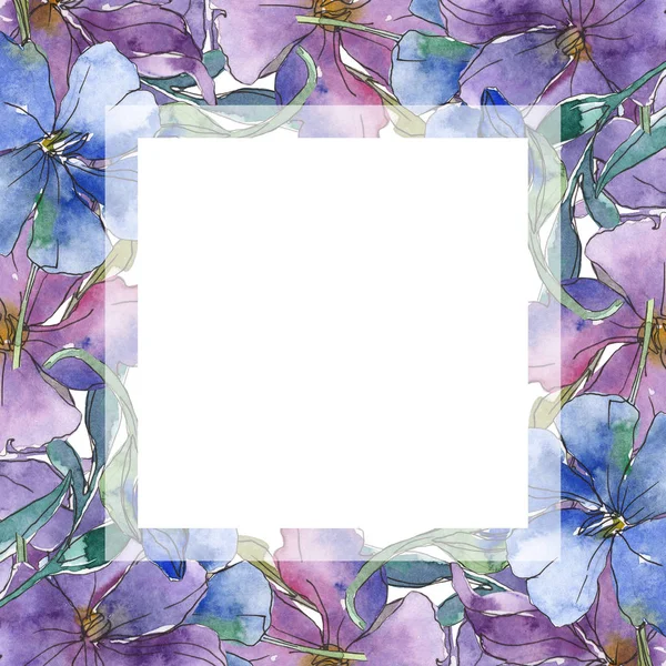 Fiore botanico floreale di lino blu e viola. Fiore selvatico primaverile isolato. Acquerello sfondo illustrazione set. Acquerello disegno moda acquerello. Quadrato ornamento bordo cornice . — Foto stock