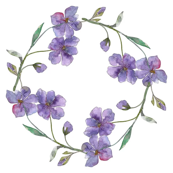 Flor botânica floral de linho azul e roxo. Folha selvagem primavera wildflower isolado. Conjunto de ilustração de fundo aquarela. Aquarelle desenho aquarelle moda. Quadro borda ornamento quadrado . — Fotografia de Stock