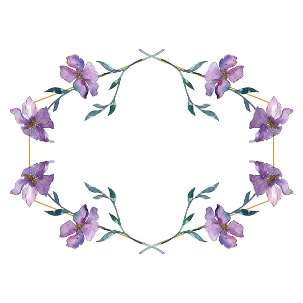 Fleur botanique florale de lin bleu et violet. Feuille sauvage de printemps fleur sauvage isolée. Ensemble d'illustration de fond aquarelle. Aquarelle dessin mode aquarelle. Cadre bordure ornement carré . — Photo de stock