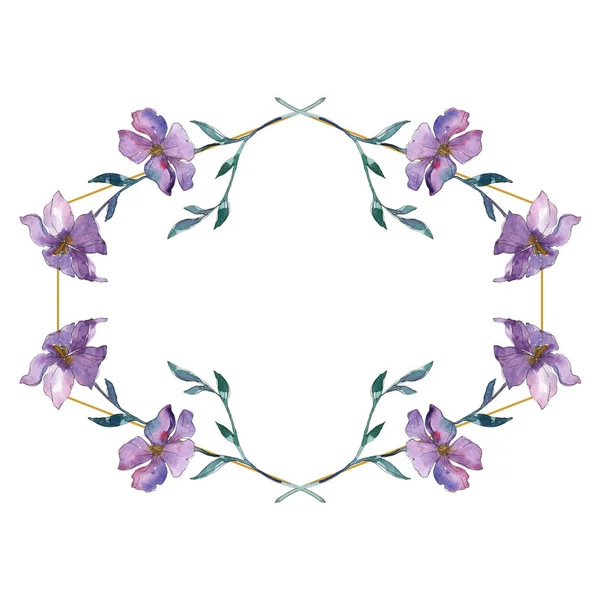 Fiore botanico floreale di lino blu e viola. Fiore selvatico primaverile isolato. Acquerello sfondo illustrazione set. Acquerello disegno moda acquerello. Quadrato ornamento bordo cornice . — Foto stock