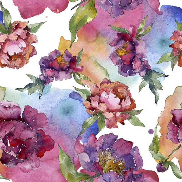 Set illustrazione acquerello peonie viola. Modello di sfondo senza soluzione di continuità. Tessuto carta da parati stampa texture . — Foto stock