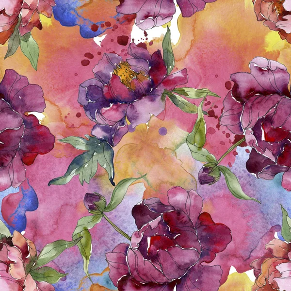 Purple peonies watercolor illustration set. Seamless background pattern. Fabric wallpaper print texture. — Stock Photo
