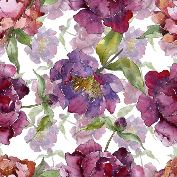 Purple peonies watercolor illustration set. Seamless background pattern. Fabric wallpaper print texture. — Stock Photo