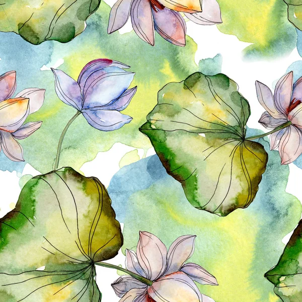 Blue and purple lotuses with leaves. Watercolor illustration set. Seamless background pattern. Fabric wallpaper print texture. — Stock Photo