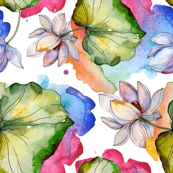 Blue and purple lotuses with leaves. Watercolor illustration set. Seamless background pattern. Fabric wallpaper print texture. — Stock Photo