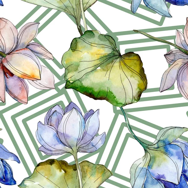 Blue and purple lotuses with leaves. Watercolor illustration set. Seamless background pattern. Fabric wallpaper print texture. — Stock Photo