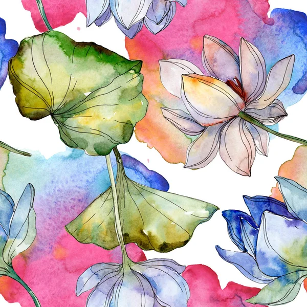Blue and purple lotuses with leaves. Watercolor illustration set. Seamless background pattern. Fabric wallpaper print texture. — Stock Photo