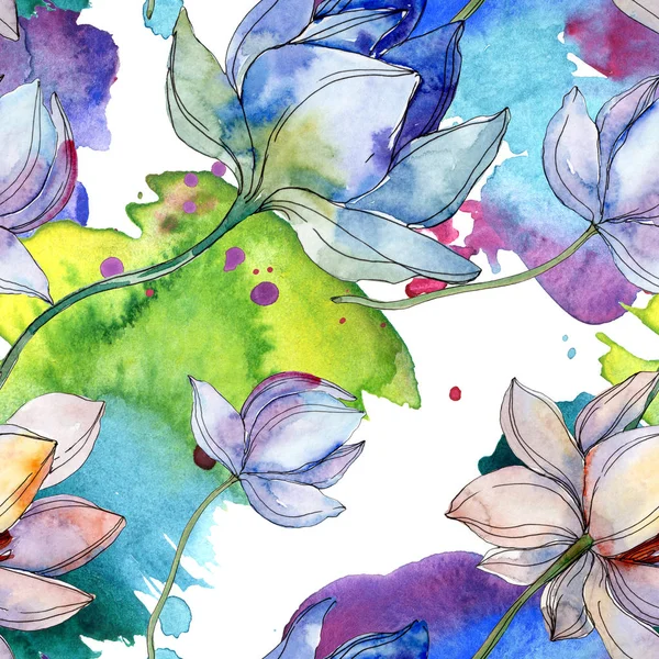 Blaue und violette Lotusblüten mit Blättern. Aquarell-Illustrationsset vorhanden. nahtlose Hintergrundmuster. Stoff Tapete drucken Textur. — Stockfoto