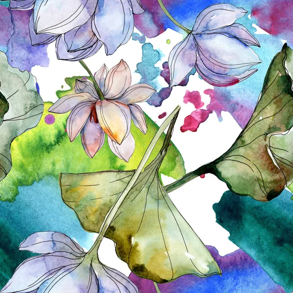 Blaue und violette Lotusblüten mit Blättern. Aquarell-Illustrationsset vorhanden. nahtlose Hintergrundmuster. Stoff Tapete drucken Textur. — Stockfoto