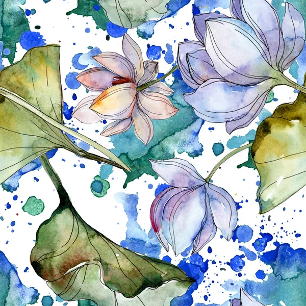 Синий и фиолетовый лотосы с листьями. Набор акварельных рисунков. Бесшовный рисунок фона. Текстура ткани для печати обоев . — стоковое фото