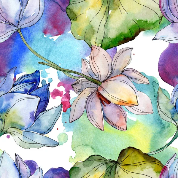 Lotus bleu et violet avec des feuilles. Ensemble d'illustration aquarelle. Modèle de fond sans couture. Texture d'impression papier peint tissu . — Photo de stock
