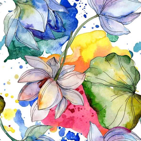Lotus bleu et violet avec des feuilles. Ensemble d'illustration aquarelle. Modèle de fond sans couture. Texture d'impression papier peint tissu . — Photo de stock
