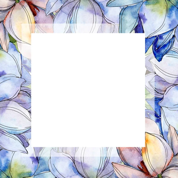 Loti blu e viola. Acquerello sfondo illustrazione set. Ornamento bordo cornice con spazio copia . — Foto stock