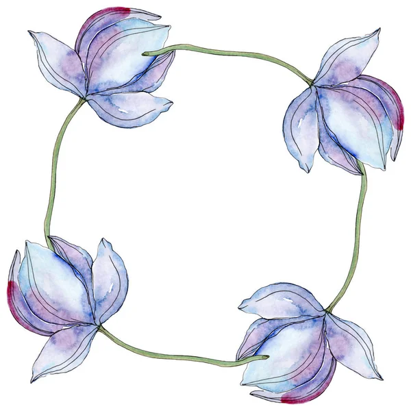 Blue lotuses. Watercolor background illustration set. Frame border ornament with copy space. — Stock Photo