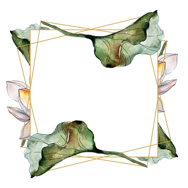 Blaue und violette Lotusblüten. Aquarell Hintergrundillustration Set. Rahmen-Bordüre mit Kopierraum. — Stockfoto