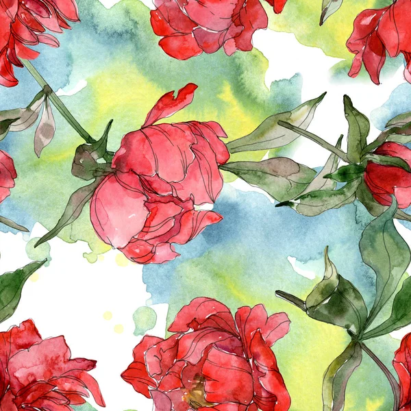 Red peonies watercolor illustration set. Seamless background pattern. Fabric wallpaper print texture. — Stock Photo