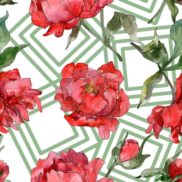 Red peonies watercolor illustration set. Seamless background pattern. Fabric wallpaper print texture. — Stock Photo