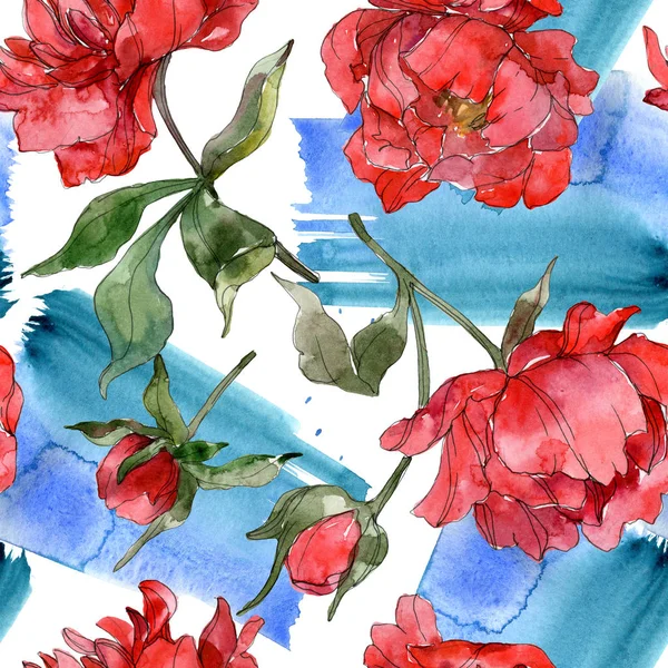 Red peonies watercolor illustration set. Seamless background pattern. Fabric wallpaper print texture. — Stock Photo