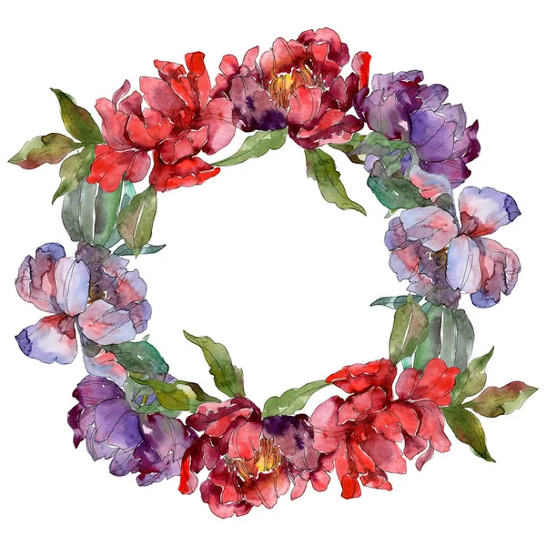 Rote und violette Pfingstrosen. Aquarell Hintergrund Illustration-Set. Frame Border Ornament mit Textfreiraum. — Stockfoto