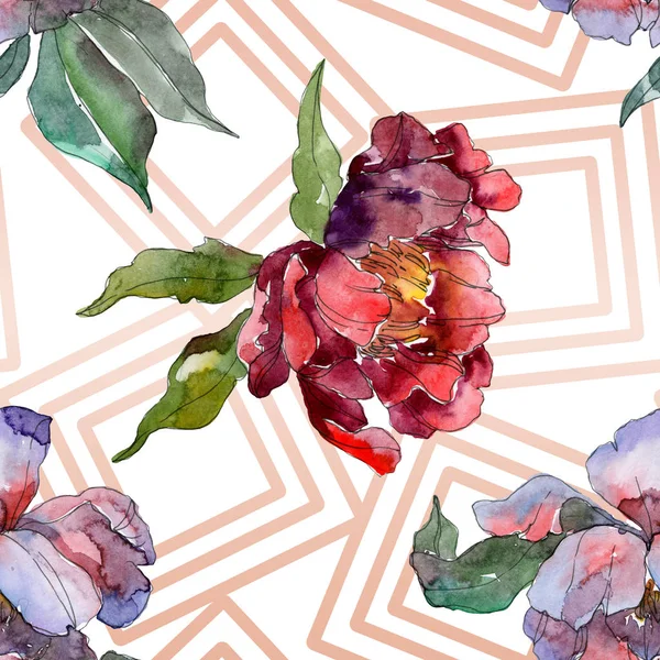 Red and purple peonies. Watercolor illustration set. Seamless background pattern. Fabric wallpaper print texture. — Stock Photo