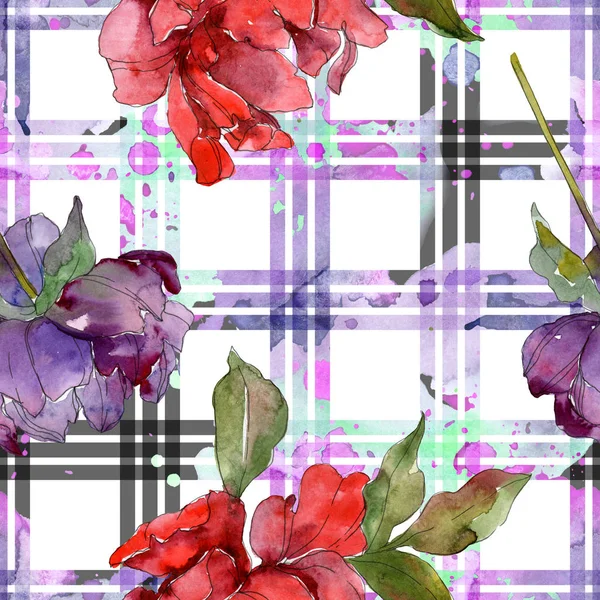 Red and purple peonies. Watercolor illustration set. Seamless background pattern. Fabric wallpaper print texture. — Stock Photo