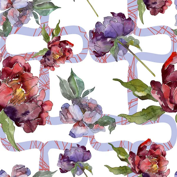 Red and purple peonies. Watercolor illustration set. Seamless background pattern. Fabric wallpaper print texture. — Stock Photo