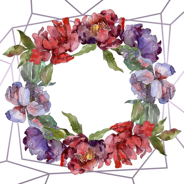 Red and purple peonies. Watercolor background illustration set. Frame border ornament with copy space. — Stock Photo