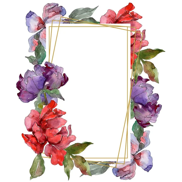 Red and purple peonies. Watercolor background illustration set. Frame border ornament with copy space. — Stock Photo