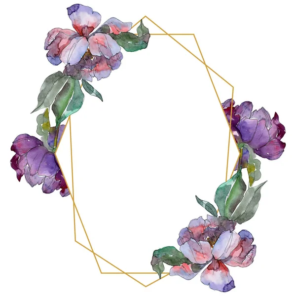 Pivoines violettes. Ensemble d'illustration de fond aquarelle. Cadre bordure ornement avec espace de copie . — Photo de stock
