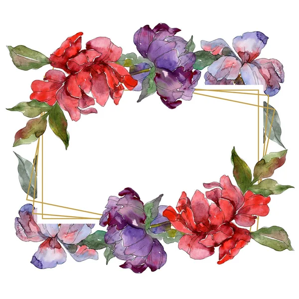 Rote und violette Pfingstrosen. Aquarell Hintergrund Illustration-Set. Frame Border Ornament mit Textfreiraum. — Stockfoto