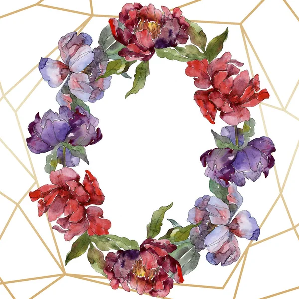 Red and purple peonies. Watercolor background illustration set. Frame border ornament with copy space. — Stock Photo