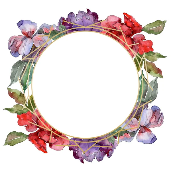 Rote und violette Pfingstrosen. Aquarell Hintergrund Illustration-Set. Frame Border Ornament mit Textfreiraum. — Stockfoto