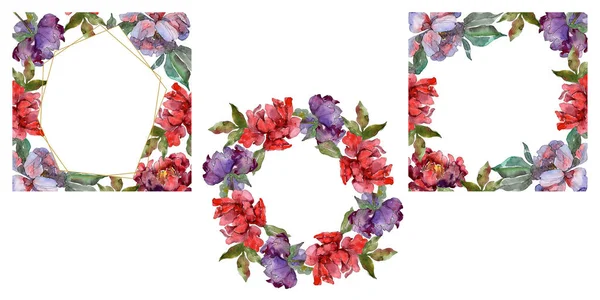 Peonías rojas y moradas. Conjunto de ilustración de fondo acuarela. Marco ornamento borde con espacio de copia . - foto de stock