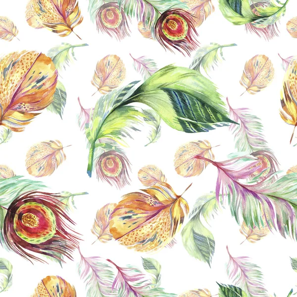 Colorful bird feather from wing. Watercolor background illustration set. Watercolour drawing fashion aquarelle isolated. Seamless background pattern. Fabric wallpaper print texture. — Stock Photo