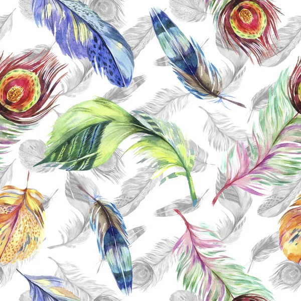 Colorful bird feather from wing. Watercolor background illustration set. Watercolour drawing fashion aquarelle isolated. Seamless background pattern. Fabric wallpaper print texture. — Stock Photo