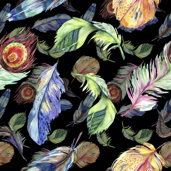 Colorful bird feather from wing. Watercolor background illustration set. Watercolour drawing fashion aquarelle isolated. Seamless background pattern. Fabric wallpaper print texture. — Stock Photo