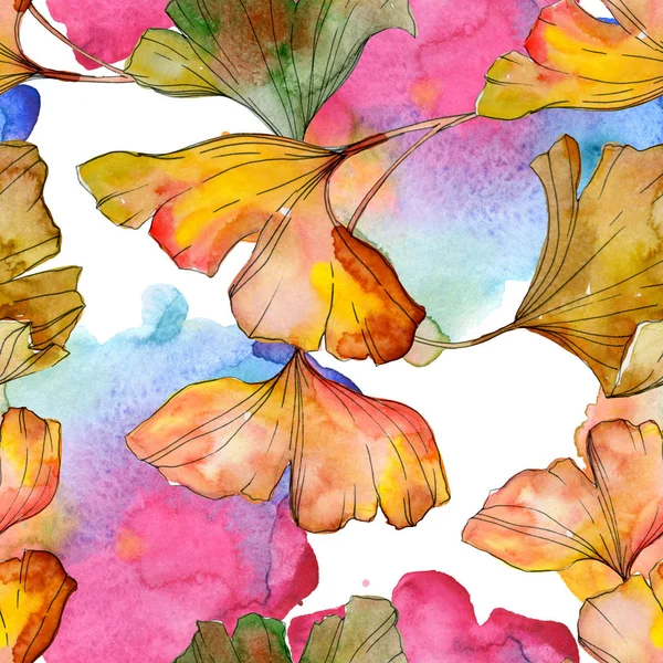 Grün gelbes Ginkgo biloba Blatt Pflanze botanisches Laub. Aquarell-Illustrationsset vorhanden. Aquarellzeichnung Modeaquarell isoliert. nahtlose Hintergrundmuster. Stoff Tapete drucken Textur. — Stockfoto