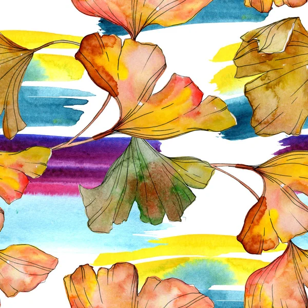 Green yellow ginkgo biloba leaf plant botanical foliage. Watercolor illustration set. Watercolour drawing fashion aquarelle isolated. Seamless background pattern. Fabric wallpaper print texture. — Stock Photo