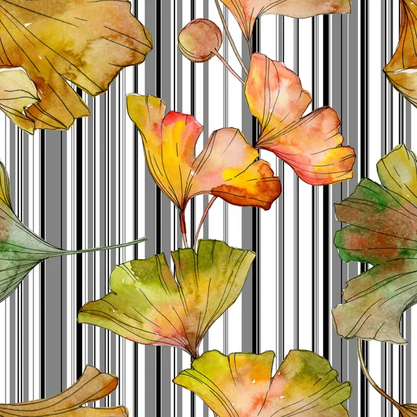 Green yellow ginkgo biloba leaf plant botanical foliage. Watercolor illustration set. Watercolour drawing fashion aquarelle isolated. Seamless background pattern. Fabric wallpaper print texture. — Stock Photo