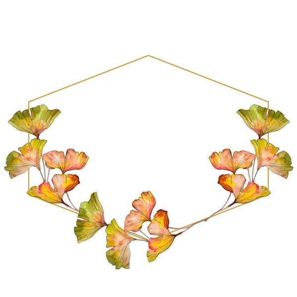 Foglia di ginkgo biloba giallo verde. Foglia vegetale orto botanico fogliame floreale. Acquerello sfondo illustrazione set. Acquerello disegno moda acquerello isolato. Quadrato ornamento bordo cornice . — Foto stock