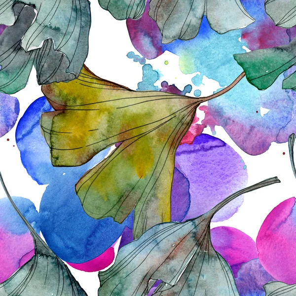 Ginkgo biloba folha planta jardim botânico folhagem floral. Conjunto de ilustrações aquarela. Aquarelle desenho aquarelle moda isolado. Padrão de fundo sem costura. Tecido papel de parede impressão textura . — Stock Photo